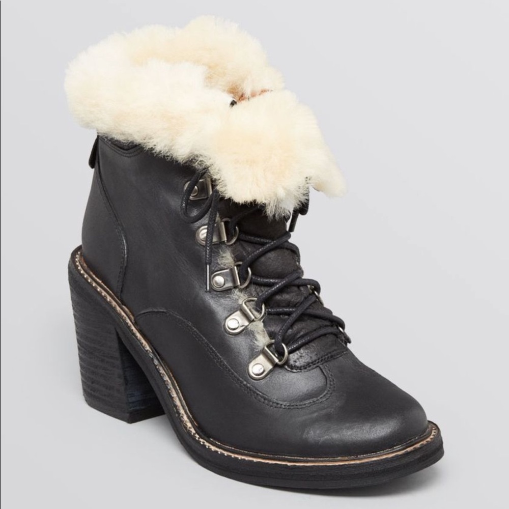 JEFFREY CAMPBELL Shearling Cuff Chunky Lace Up Leather Boots